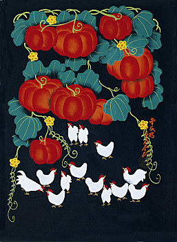 农民画－南瓜和鸡