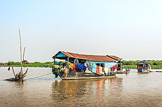船屋,漂浮,乡村,泛舟,树液,湖,柬埔寨,东南亚,亚洲