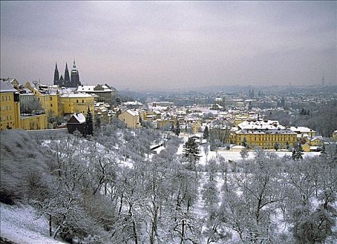 雪,冬天,风景,上方,布拉格,捷克共和国,欧洲