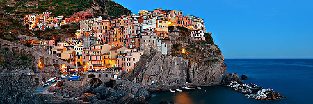 马纳罗拉,俯瞰,地中海,建筑,上方,悬崖,五渔村,夜晚,全景,意大利
