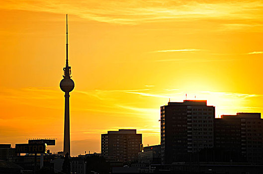 日落,后面,电视,塔,地区,柏林,德国,欧洲
