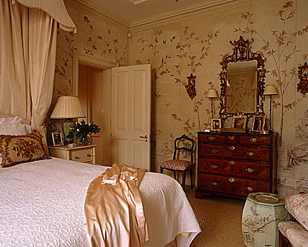 双人床,衣柜,卧室,花,壁纸