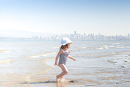 女孩,涉水,海浪,海滩