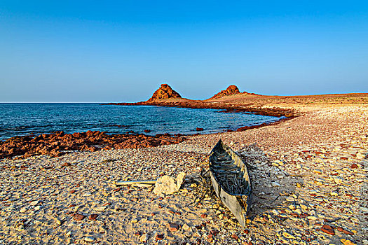小,独木舟,岩石,海滩,岛屿,索科特拉岛,也门,亚洲