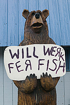 美国,阿拉斯加,科迪亚克岛,科迪亚克熊,熊,雕塑,工作,鱼,标识