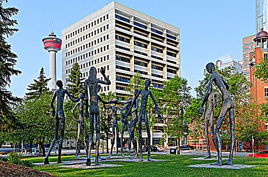 家庭,男人,雕塑,卡尔加里塔,背景,卡尔加里,艾伯塔省,加拿大