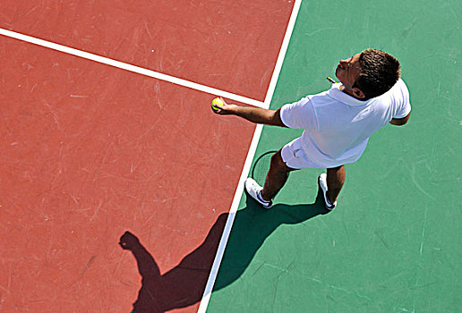 男青年,玩,网球,户外,橙色,网球场,早晨