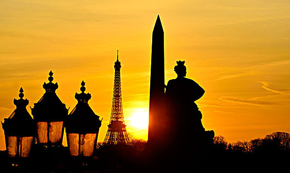 法国,巴黎,日落,地点,协和飞机,埃菲尔铁塔,方尖塔