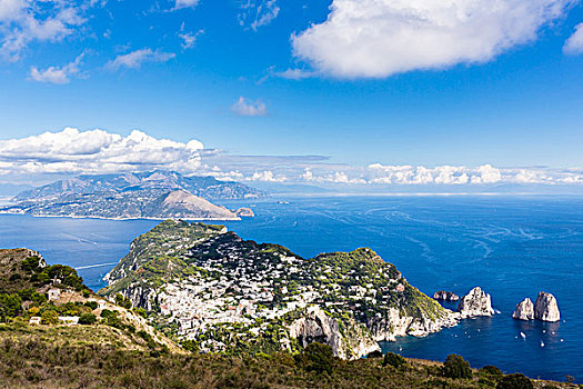 俯视图,卡普里岛,码头,悬崖,索伦托,半岛,远景,伊特鲁里亚海,那不勒斯湾,坎帕尼亚区,意大利