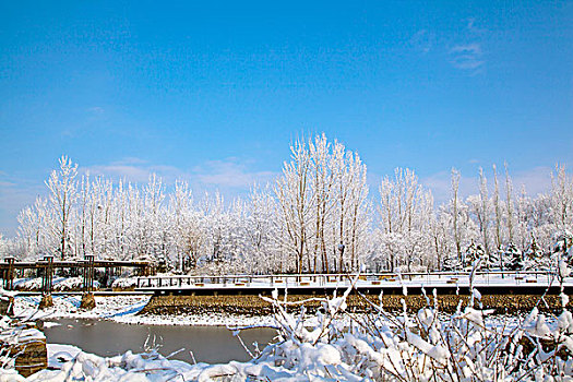 覆盖着厚厚的白雪的湖边观景平台