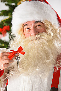 圣诞老人,拿着,钥匙,红丝带,站立,靠近,圣诞树,新年,新家,概念