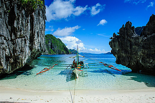 船,小,白色,海滩,晶莹,清水,群岛,巴拉望岛,菲律宾,亚洲