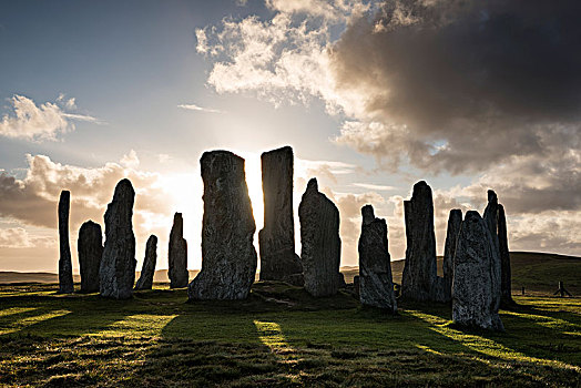卡拉尼西,立石,老,巨石阵,逆光,刘易斯岛,外赫布里底群岛,苏格兰,英国,欧洲