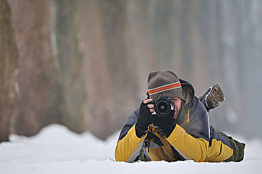 摄影师,黄色,外套,卧,雪,制作,拍摄