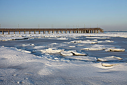 北戴河,大雪,雪后,海滨,浅水湾,对比,鲜艳,吸引,洁白,冬季,寒冷