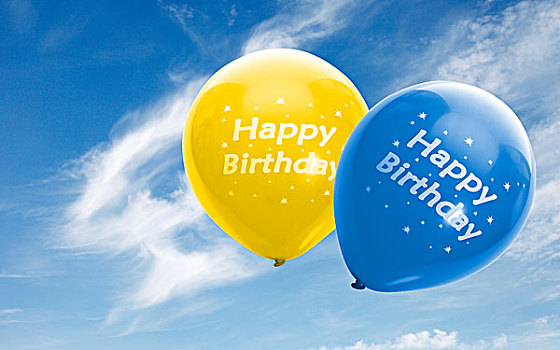 黄色,蓝色,气球,文字,生日快乐,蓝天
