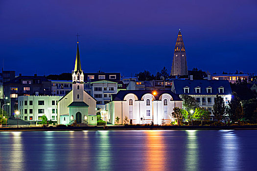 冰岛,雷克雅未克,水岸,教堂,湖