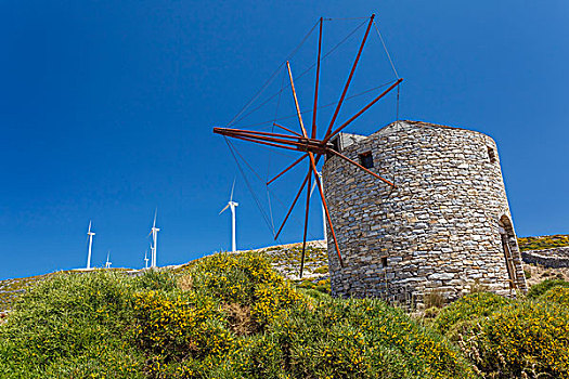 老,风车,现代,风轮机,纳克索斯岛,希腊
