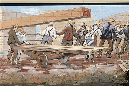 男人,装载,木头,大,壁画,历史,加拿大,温哥华岛,北美