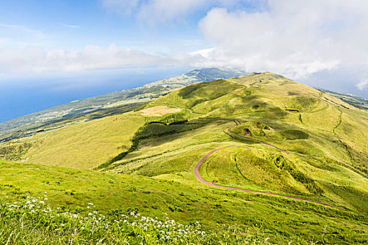 绿色,风景,火山,火山囗,排列,山,大,岛屿,亚速尔群岛,葡萄牙