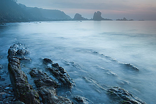 雾,上方,岩石,海滩