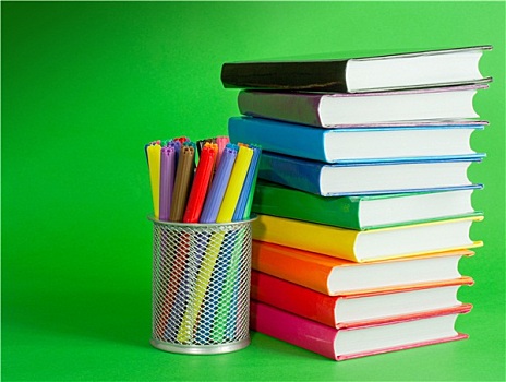 一堆,彩色,书本,毡尖笔