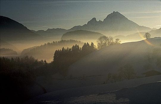 山峦,雾,晚间,气氛,瓦茨曼山,德国,欧洲,乡村,田园