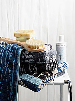 毛巾,蓝色,肥皂,刷,水疗,凳子