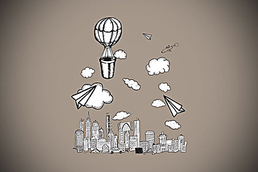 热气球,上方,城市