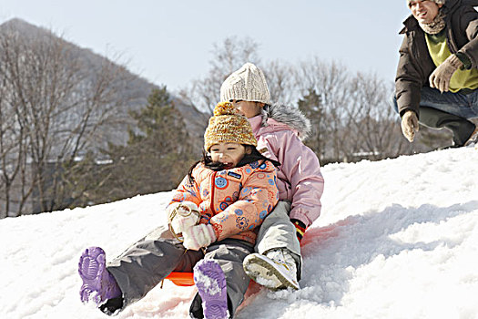 父亲,孩子,雪橇运动