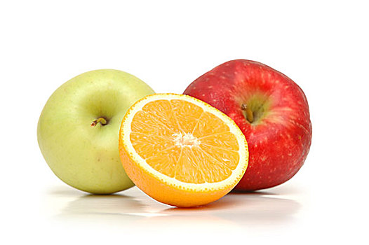 橙子,两个,苹果,隔绝,白色背景
