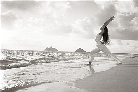 夏威夷,瓦胡岛,女人,练习,瑜珈,海滩,日出,深褐色,照片