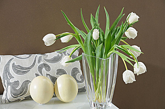 展示,白色,郁金香,玻璃花瓶,鸵鸟,蛋,垫子