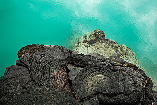 绳状熔岩,火山岩,边缘,平静,青绿色,海洋,水,北方,夏威夷,美国