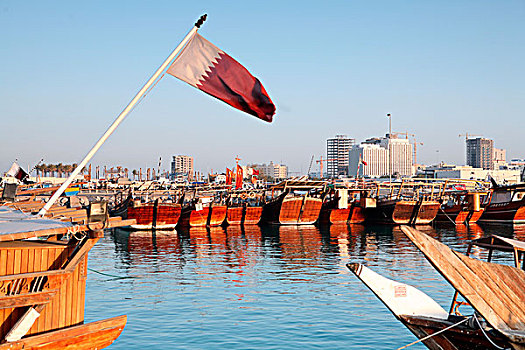 独桅三角帆船,港口,多哈,卡塔尔,国旗