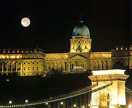 城堡,山,宫殿,夜晚,满月,吊桥,多瑙河,布达佩斯,匈牙利,蒙太奇