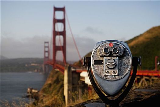 投币望远镜,桥,背景,金门大桥,旧金山湾,旧金山,加利福尼亚,美国
