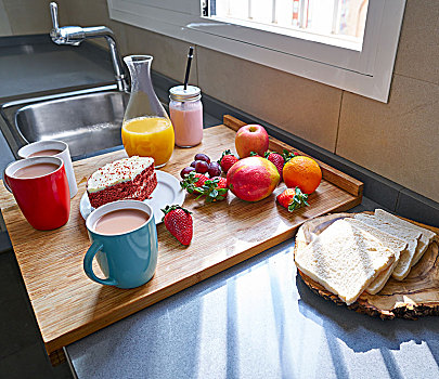 早餐,厨房,咖啡,面包,果汁,蛋糕