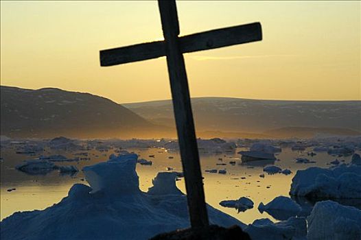 十字架,正面,日落,上方,冰山,峡湾