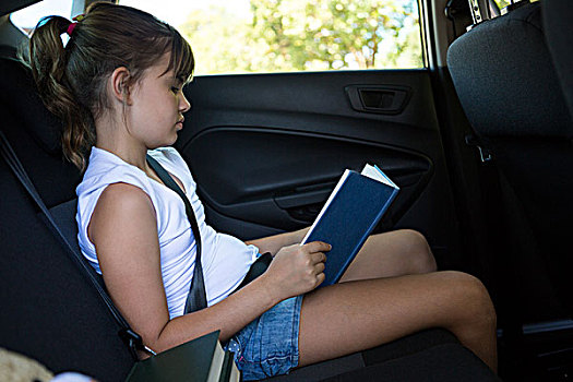 少女,读,书本,后座,汽车,专注