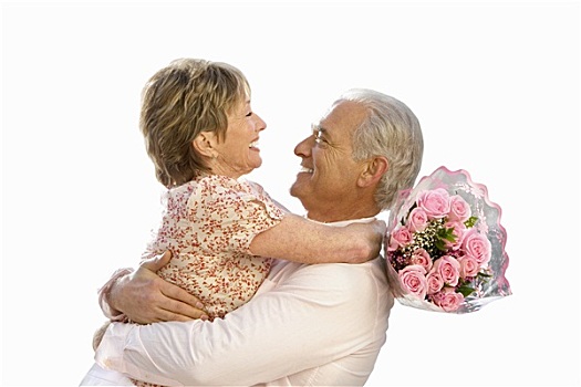 老年,夫妻,搂抱,一束玫瑰,抠像