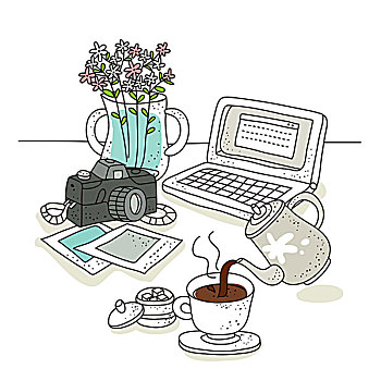 咖啡杯,笔记本电脑,数码相机