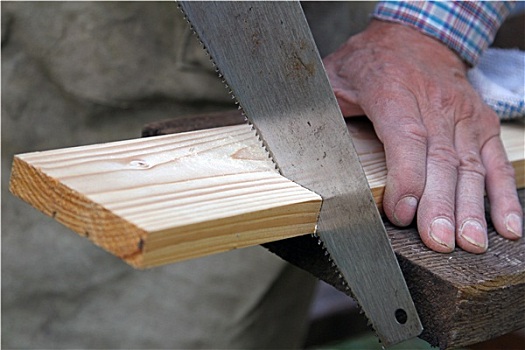 木头,工作间,木匠,切,木板,手,锯