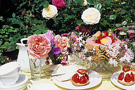 草莓蛋糕,蛋糕,花园,新鲜,花