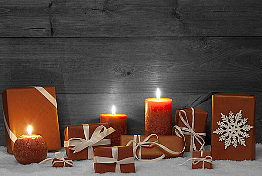 圣诞装饰,橙色,蜡烛,礼物,雪