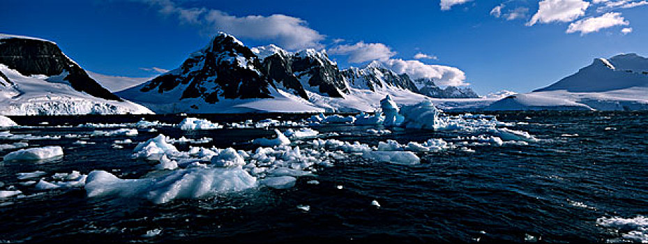 南极,落日,山脉,山,冰河