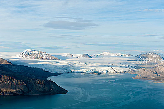 风景,上面,山,上方,峡湾,冰河,斯匹次卑尔根岛,斯瓦尔巴特群岛,挪威,欧洲