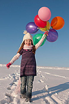 女孩,气球,户外,冬天