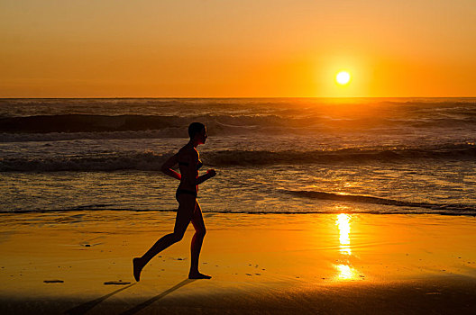 女人,慢跑,跑,日落海滩