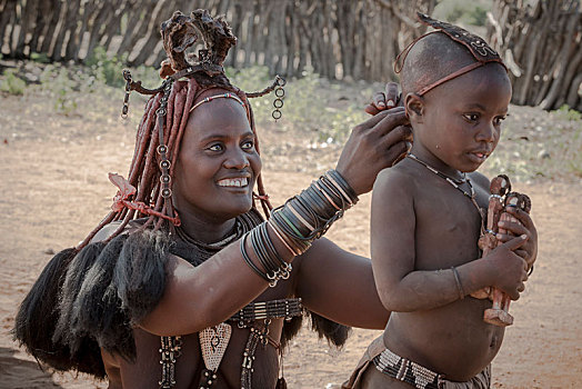 辛巴族,母亲,头饰,儿子,地区,纳米比亚,非洲